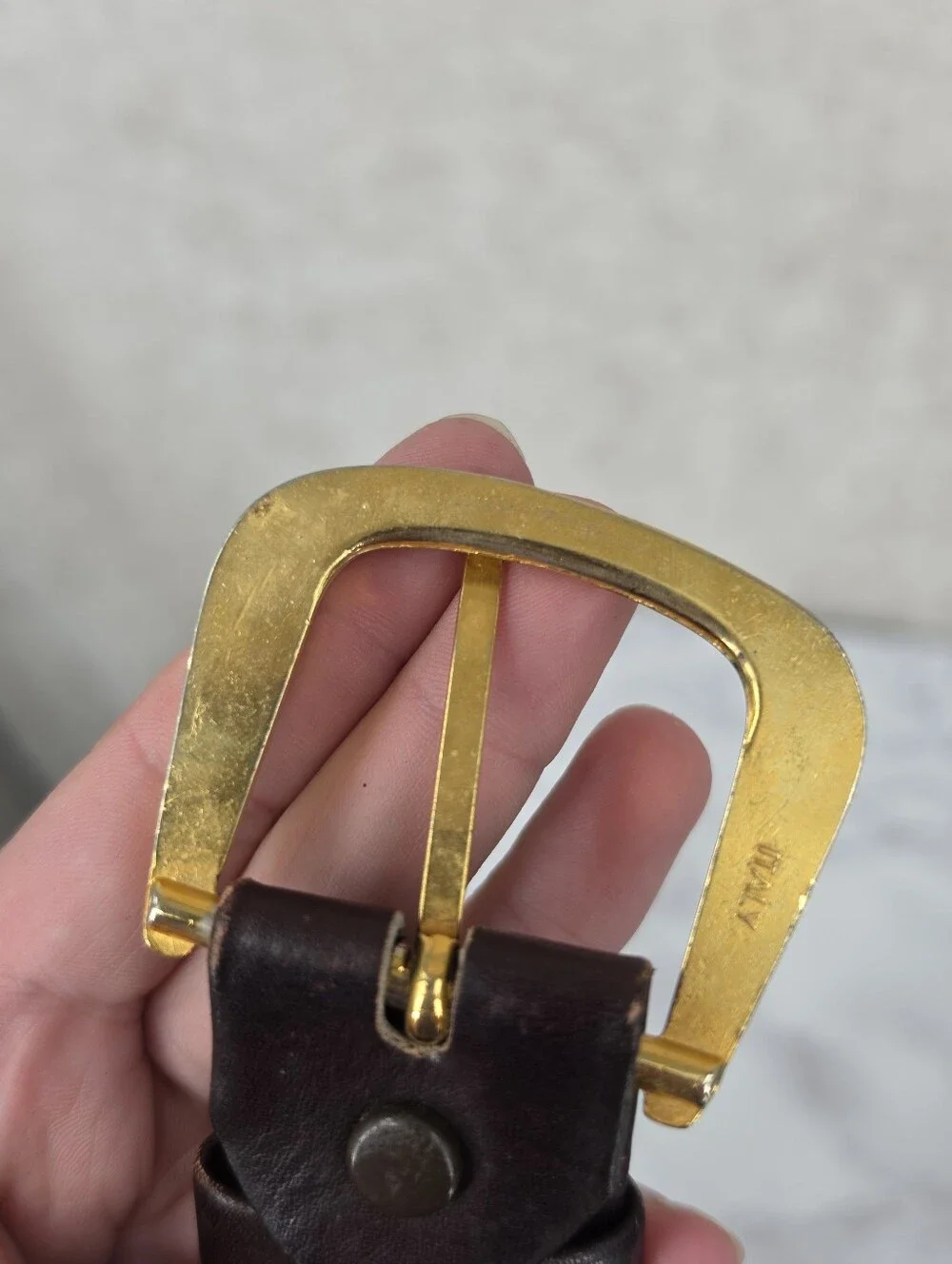 Vintage Men's Dark Brown Leather Belt with Gold Tone Buckle Full Grain Cowhide